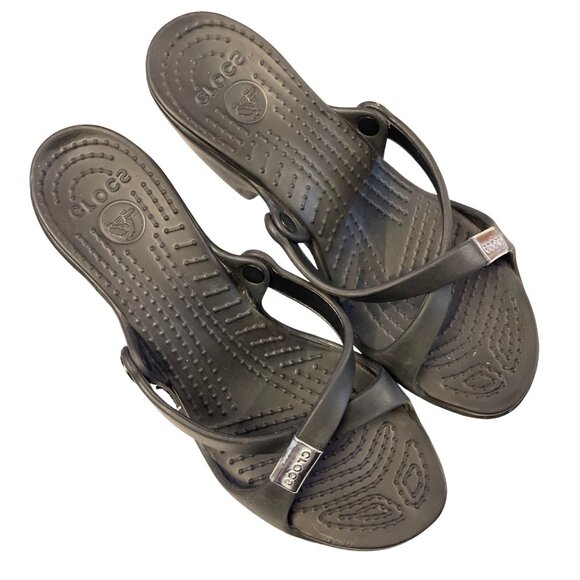 CROCS Cyprus Slides Womens Size 9 Black Heeled Slip On Criss Cross Strap Open To - Picture 2 of 9